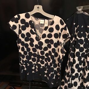 White with navy polka dot linen skirt set